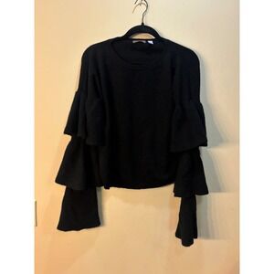 Cullen‎ Cashmere Sweater Ruffle Sleeve Statement Knit Top Black Size S